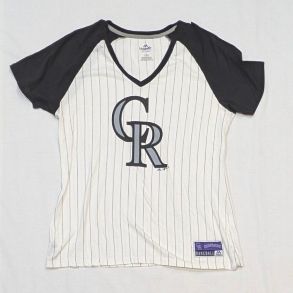 Majestic Colorado Rockies Pinstripe Raglan V-Neck Baseball Shirt XL Black White